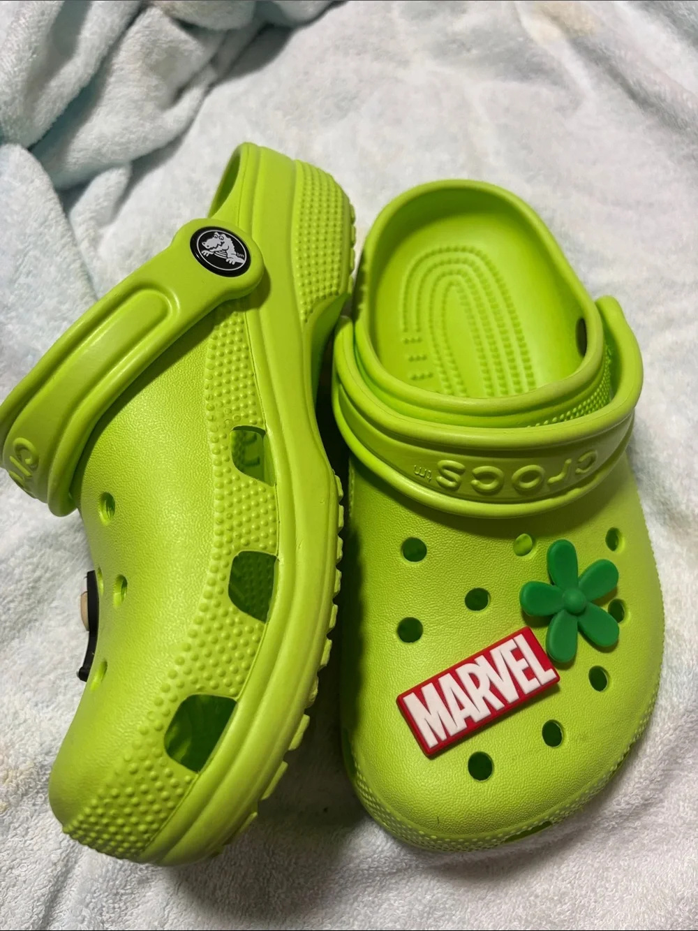 CROCS Kids Neon Lime Green Classic Clogs with Marvel & Charm Accents